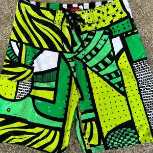 Men's EXIST Bold Mod Green Abstract Board Shorts Sz Small Surfer Beach Cali